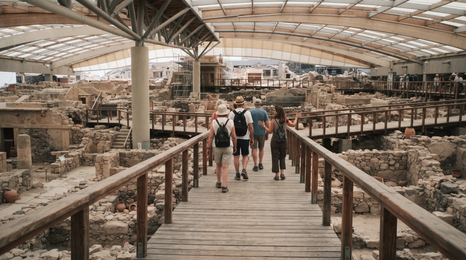 The raised wooden walkway through the Akrotiri excavation under the protective roof, akrotiri tickets, Santorini Greece