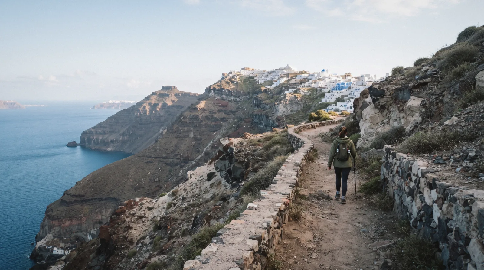The caldera rim path north of Imerovigli at 08:00, fira to oia hike, Santorini Greece