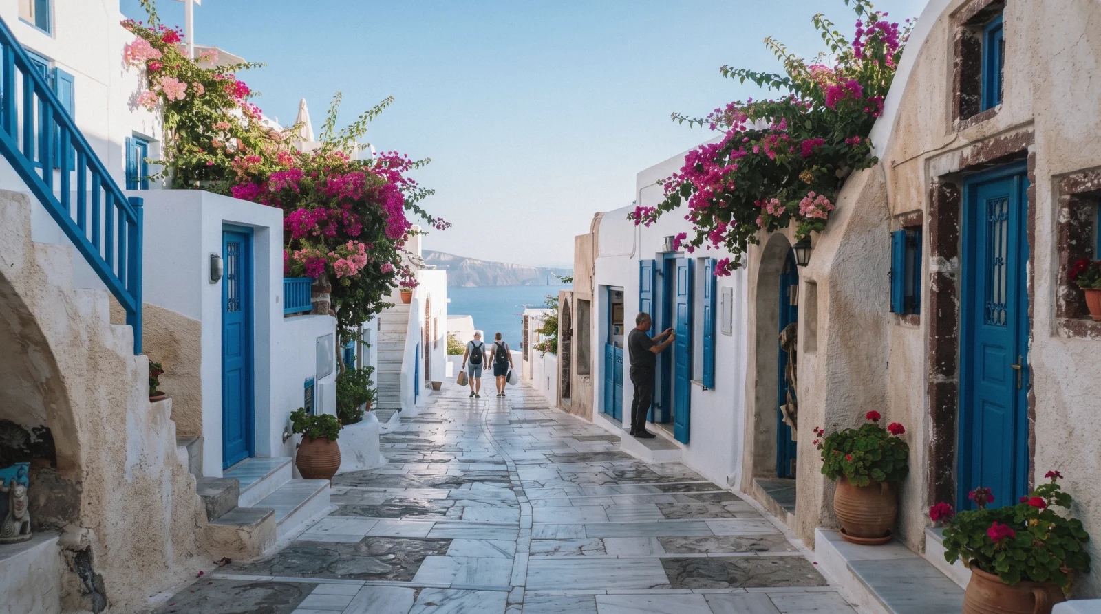 The main pedestrian lane of Oia at 08:00, oia santorini, Santorini Greece