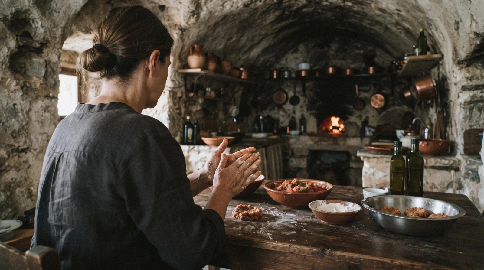 Hands rolling tomato fritter mixture at a rustic kitchen table, santorini cooking class, Santorini Greece