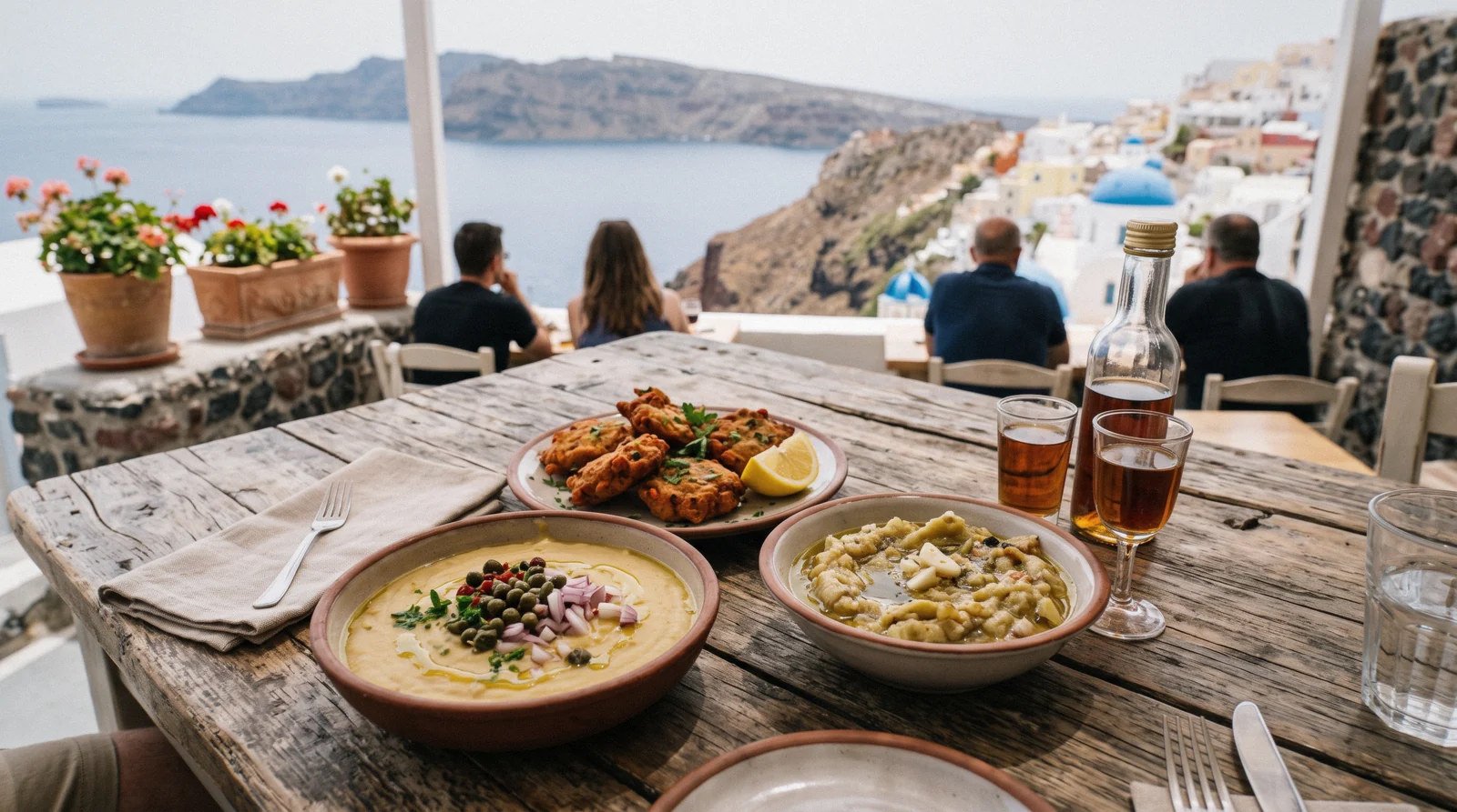 A table of Santorini dishes: fava with capers and onion, santorini food, Santorini Greece