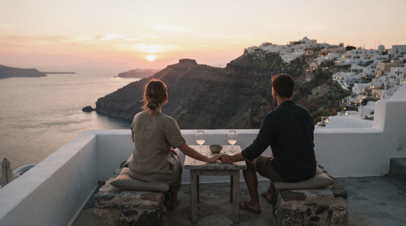 A couple seen from behind sitting on the edge of a terrace in Oia at sunset, santorini honeymoon, Santorini Greece