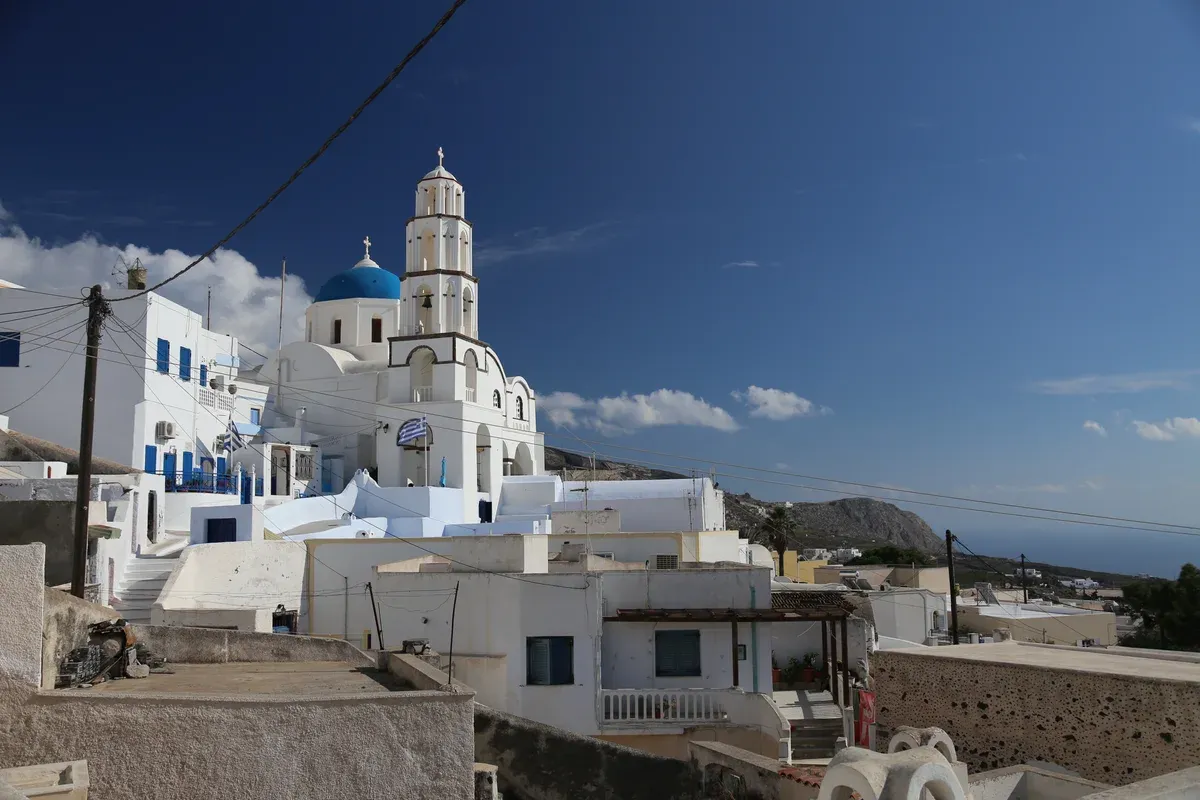 Pyrgos village and its church below the summit, where to stay in Santorini